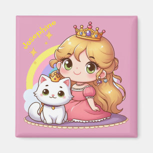 Imán Princesa linda personalizable con gato blanco