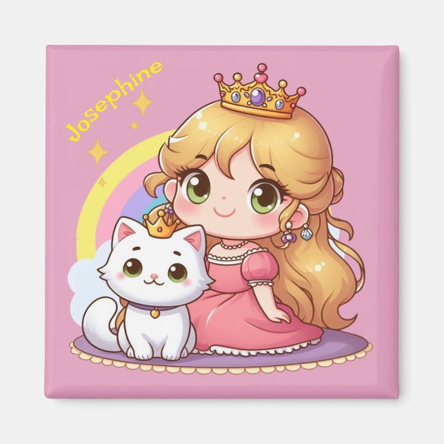 Imán Princesa linda personalizable con gato blanco (Frente)