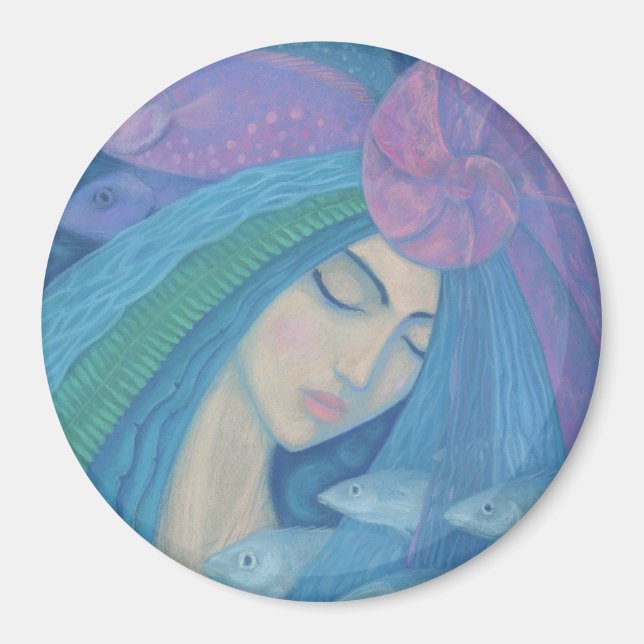 Imán Princesa Sirena, fantasía submarina, azul rosado (Frente)