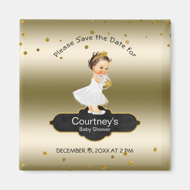 Imán Princess Baby Shower Save the Date Elegant Gold (Frente)