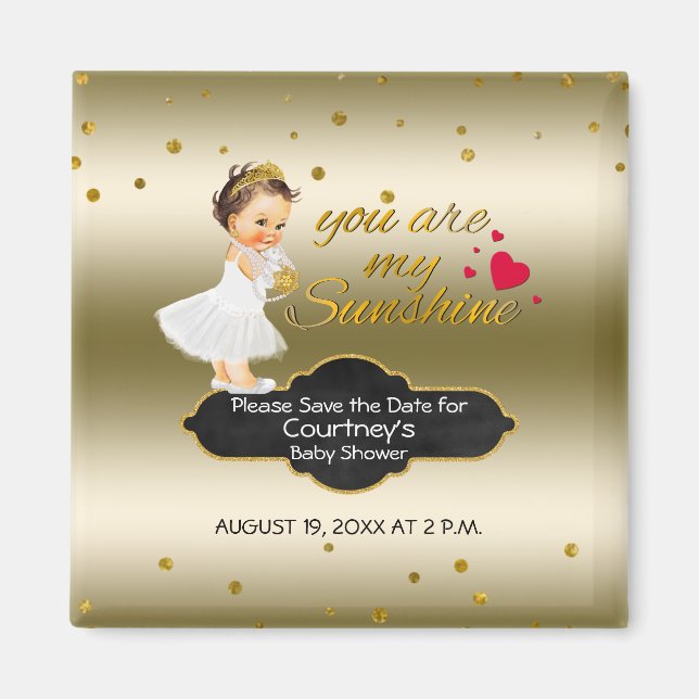 Imán Princess Gold Baby Shower Guardar la fecha | Sunsh (Frente)