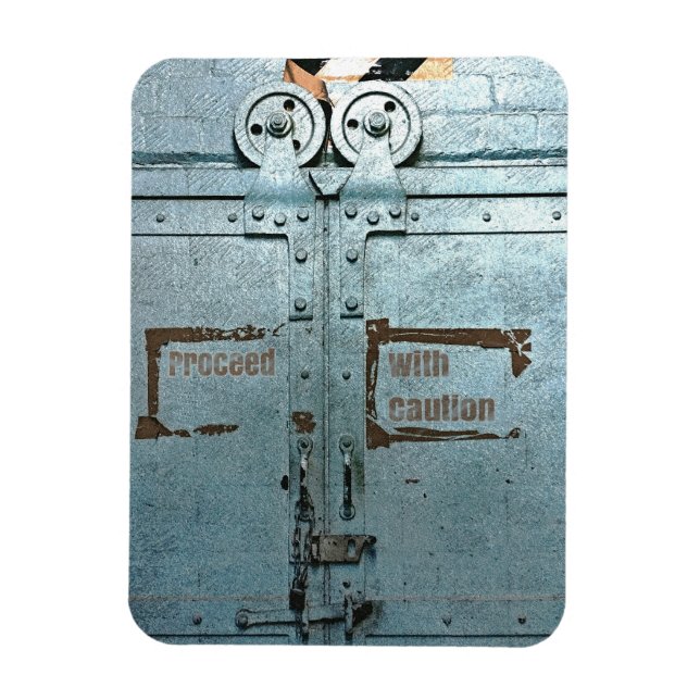Imán Proceder con cautela puerta industrial gris azul (Vertical)