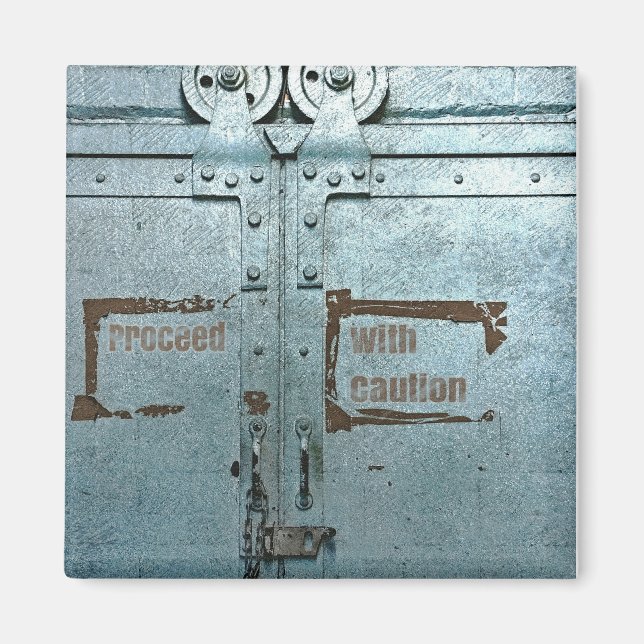 Imán Proceder con cautela puerta industrial gris azul (Frente)