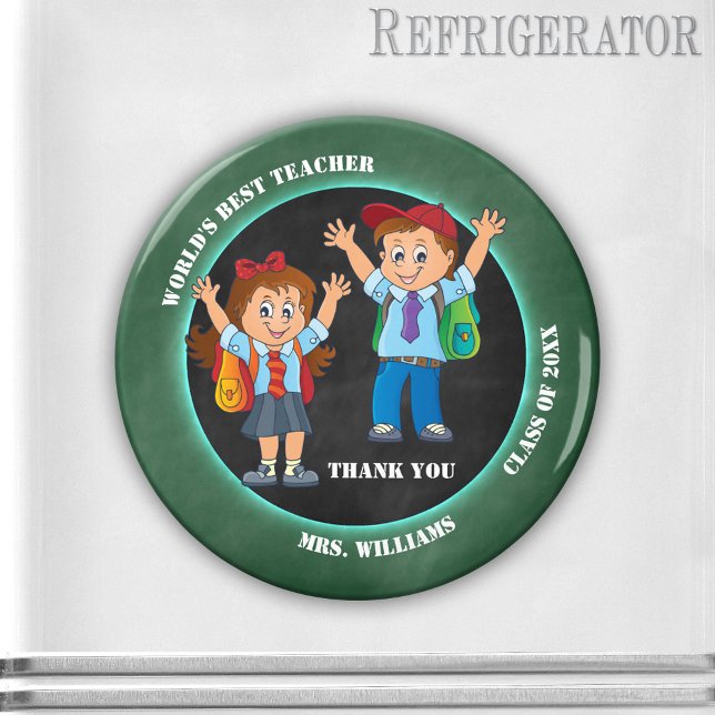Imán Profesor personalizado Chalkboard Gracias Magnet (Cute cartoon magnet featuring happy kids on a blackboard - teacher appreciation - end of the year)