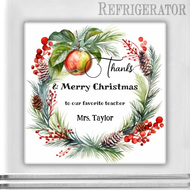 Imán Profesores Navidades Gracias Magnet (Magnet featuring a watercolor Christmas holiday wreath with an apple. Thank You teacher gift)