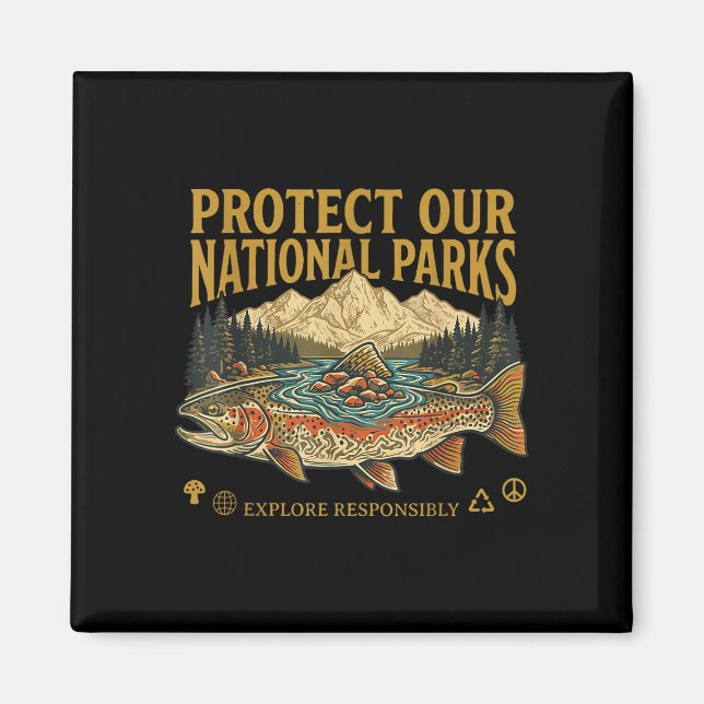 Imán Protege nuestros parques nacionales diseño retro v (Frente)