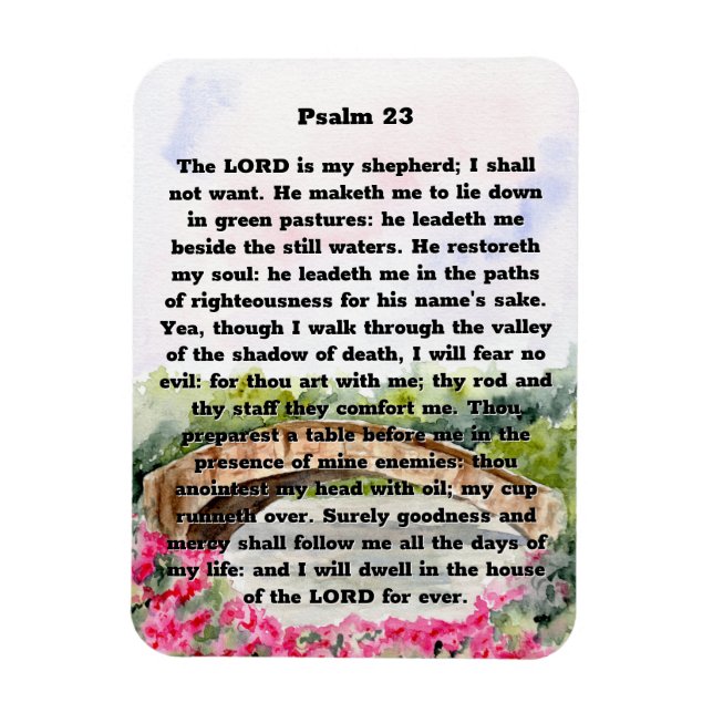 Imán Psalm 23 Puente acuático, flores rosas (Vertical)