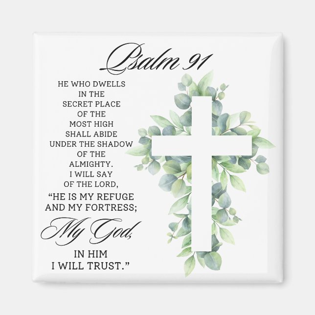 Imán Psalm 91:1-2 Religious Cross Greenery Bible Verse (Frente)