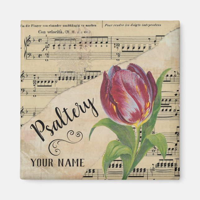 Imán Psaltery Tulip Vintage Sheet Music Personalizado (Frente)