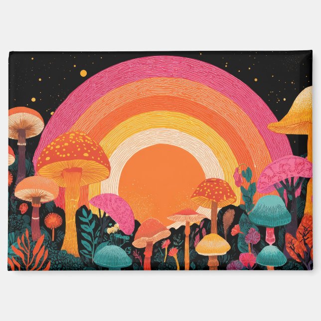 Imán Psychedelic Mushroom Sunset – Retro Fantasy Nature (Anverso)