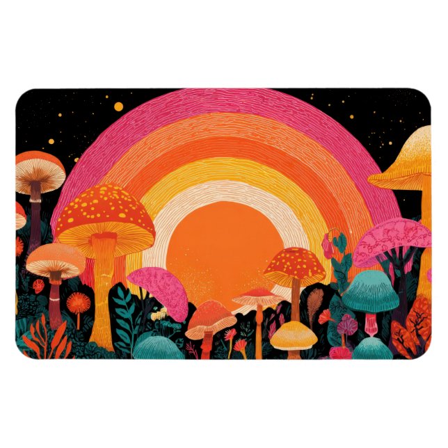 Imán Psychedelic Mushroom Sunset – Retro Fantasy Nature (Horizontal)