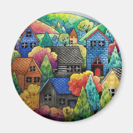 Imán Pueblo Acuarela De La Colina Con Casas Coloridas