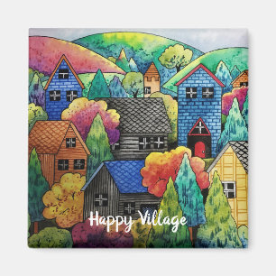 Imán Pueblo Acuarela De La Colina Con Casas Coloridas