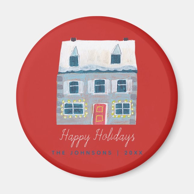 Imán Pueblo de Casa de Invierno Bonito Navidad Roja (Frente)