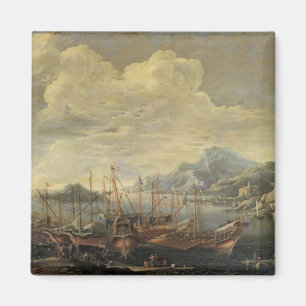 Imán Puerto con el faro y las naves (aceite en lona)