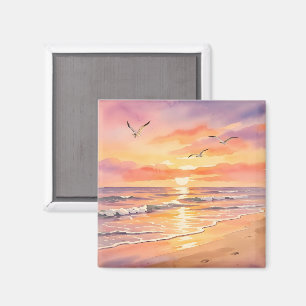 Imán Puesta de sol en la playa con pájaros