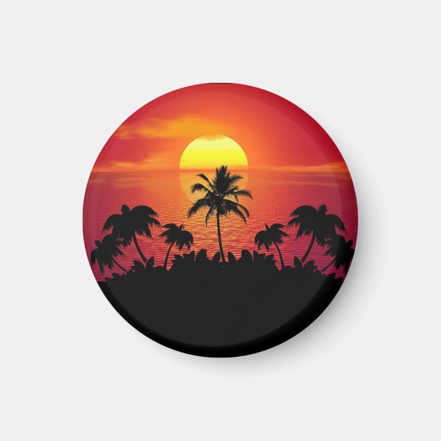 Imán Puesta de sol tropical palmeras silueta playa (Frente)