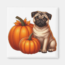 Imán Pug Adorable sentado al lado de calabazas y hojas