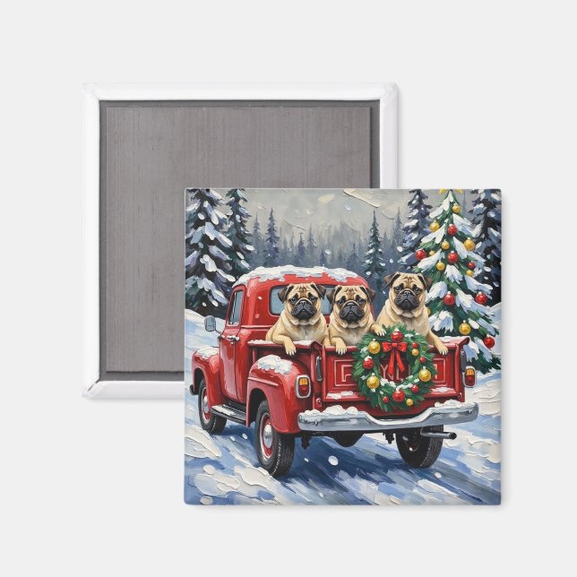 Imán Pug Christmas Red Truck Holiday (Anverso/Reverso)