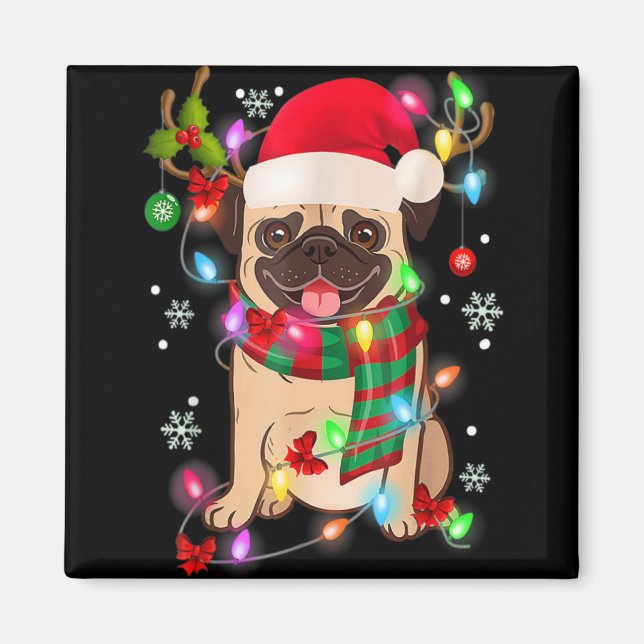 Imán Pug Christmas Tree Lights Santa Dog Xmas Boys Pugm (Frente)