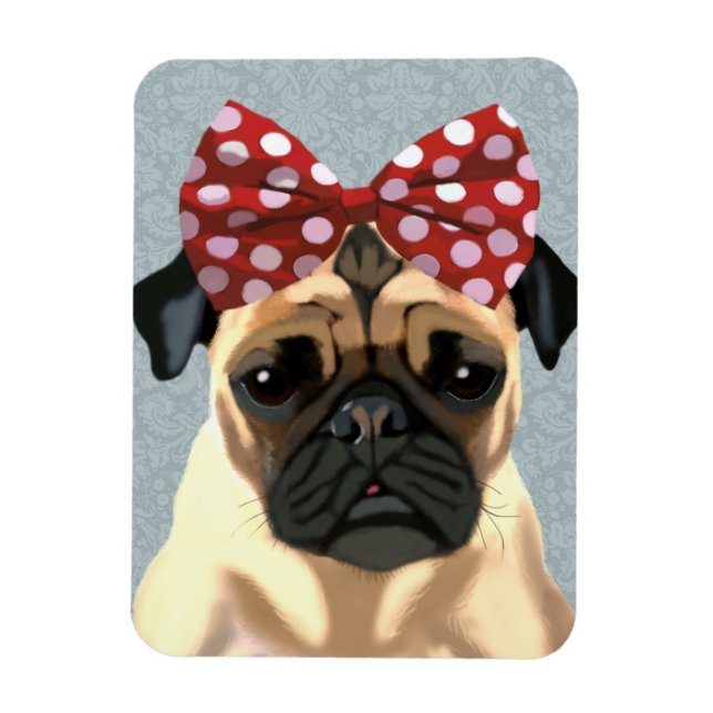 Imán Pug con arco rojo sobre la cabeza 2 (Vertical)