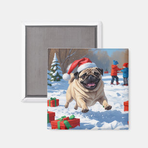 Imán Pug corriendo en la nieve con sombrero de Navidad