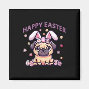 Imán Pug de Pascua con orejas de conejito feliz día de