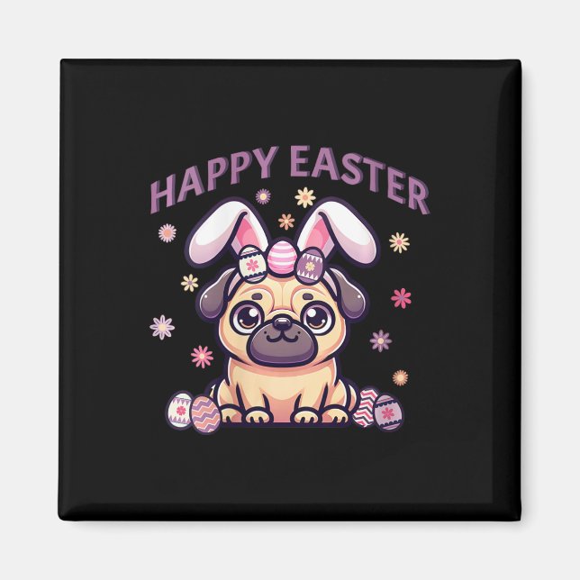 Imán Pug de Pascua con orejas de conejito feliz día de  (Frente)