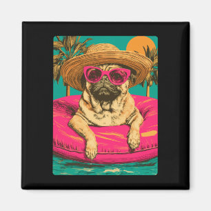 Imán Pug de verano con gafas de sol perro lindo piscina