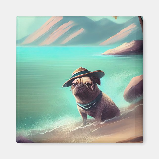 Imán Pug disfrutando del arte de la pintura en la playa (Frente)