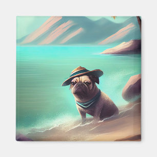 Imán Pug disfrutando en la playa pintando arte