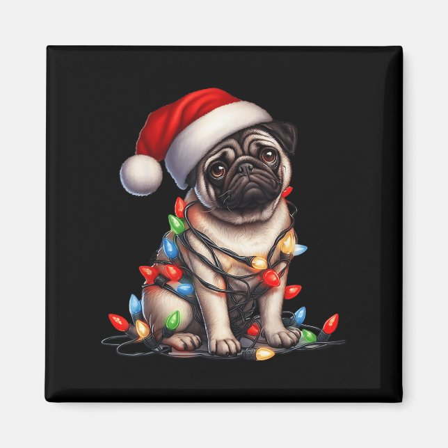 Imán Pug Dog Christmas Lights Santa Hat Dog Lover  (Frente)