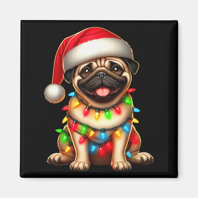 Imán Pug Dog Christmas Tree Lights Santa Xmas Pajama Do (Frente)