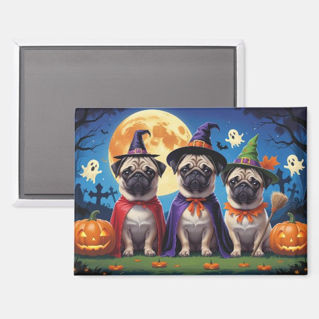 Imán Pug Dog Pumpkin Halloween Funny (Anverso/Reverso)