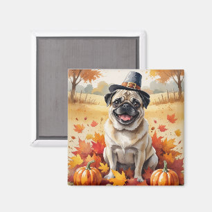 Imán Pug en Hojas de Otoño Arte de Acción de Gracias