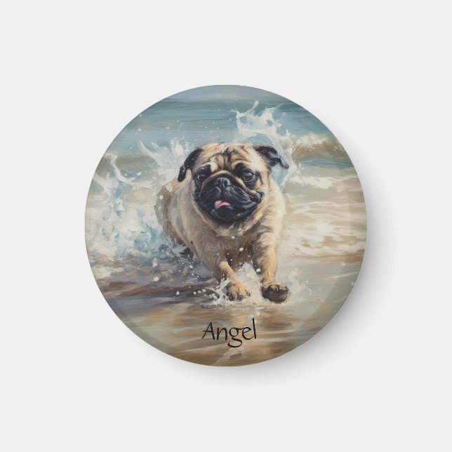 Imán Pug Feliz en la Playa personalizable (Frente)