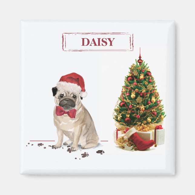 Imán Pug graciosos Navidades perro con árbol (Frente)