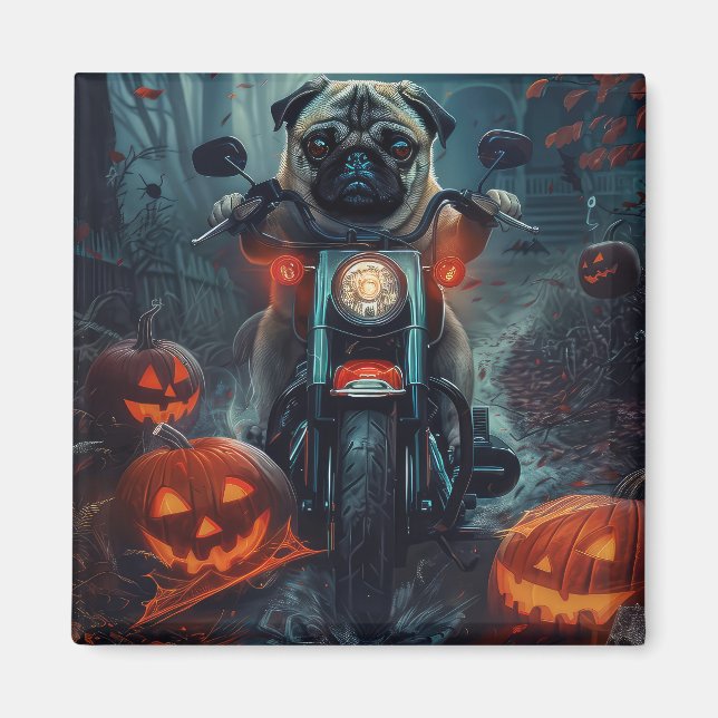 Imán Pug montando motocicleta Halloween aterrador (Frente)