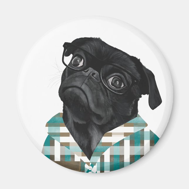 Imán Pug Negra Adorable Con Gafas Y Camisa (Frente)
