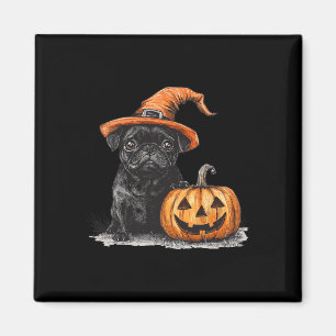 Imán Pug Negro Con Gorra De Brujas Y Calabaza Halloween