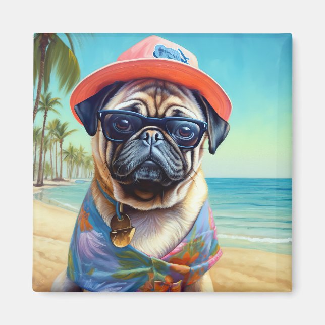 Imán Pug on Beach, regalo de verano para el amante del  (Frente)