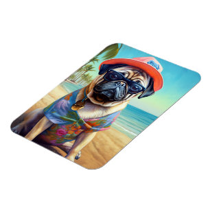 Imán Pug on Beach, regalo de verano para el amante del