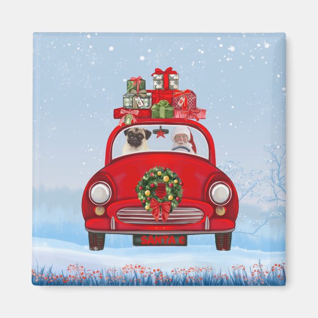 Imán Pug Perro En El Auto Con Santa Claus (Frente)