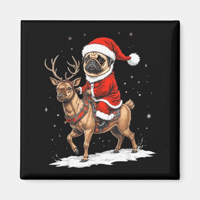 Imán Pug Santa Riding Reindeer Christmas Holiday Puppy  (Frente)