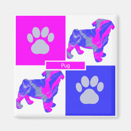 Imán Pug Silhouette Dog & Paw Pink and Blue Square