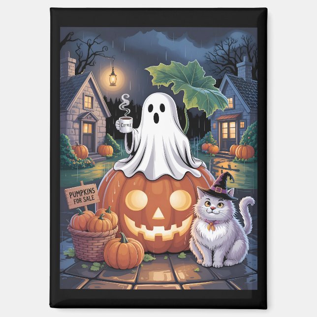 Imán Pumpkins For Sale & Caffeine Ghost With Cat  (Anverso)