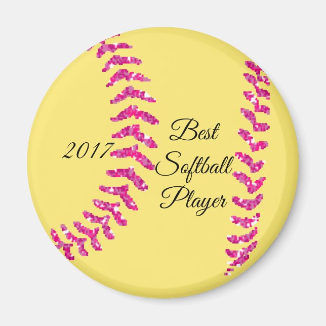 Imán Puntadas de softball de purpurina falsa rosa (Frente)