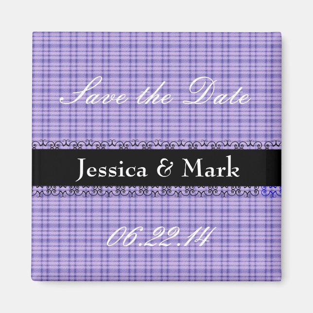 Imán Purple and Black Save Date Gingham Boda Magnet (Frente)