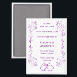 Imán Purple Bells Scroll Design Wedding Guardar La Fech<br><div class="desc">La boda salva el diseño de las campanas de imán de fecha. Personalizar esta boda morada ahorra el imán de cita con los detalles de su boda. Si necesita ayuda para personalizar, póngase en contacto con nosotros a través del enlace de esta página. Diseño de campanas de color púrpura boda...</div>