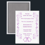 Imán Purple Bells Scroll Design Wedding Guardar La Fech<br><div class="desc">La boda salva el diseño de las campanas de imán de fecha. Personalizar esta boda morada ahorra el imán de cita con los detalles de su boda. Si necesita ayuda para personalizar, póngase en contacto con nosotros a través del enlace de esta página. Diseño de campanas de color púrpura boda...</div>